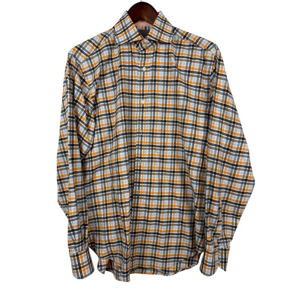Thomas Dean Plaid Button Down Shirt Mens M Orange Blue Gray - Picture 2 of 7